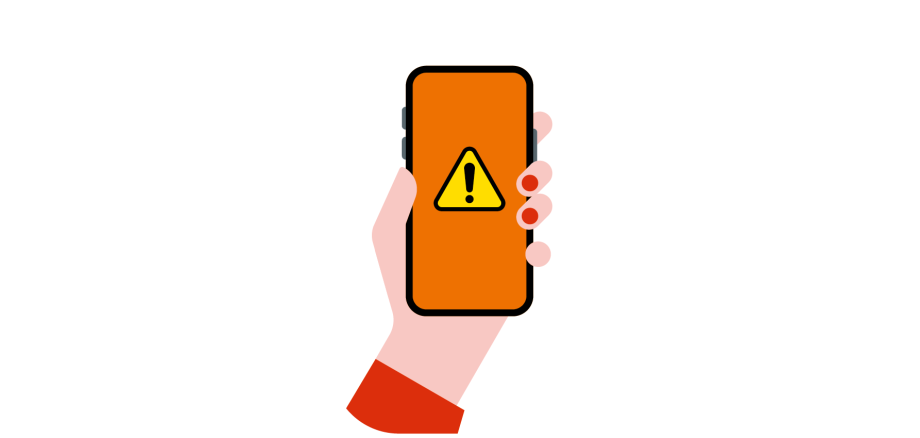 Zeichnung von einer Hand die ein Smartphone mit einem Warnsymbol hoch hält.