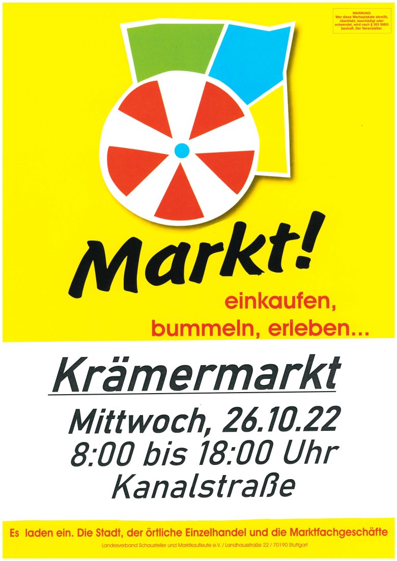 Plakat: Krämermarkt in der Kanalstraße in Weinsberg, Mittwoch, 16. Oktober 2022 von 8 bis 18 Uhr