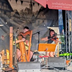 Ein Mann spielt Harfe und eine Frau Geige auf einer Bühne