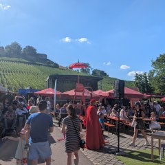 Eine Gruppe von Menschen auf einem Fest. Es sind Bänke, Schirme und ein roter Stuhl zu sehen. Im Hintergrund sieht man eine Bühne und die Burg Weibertreu