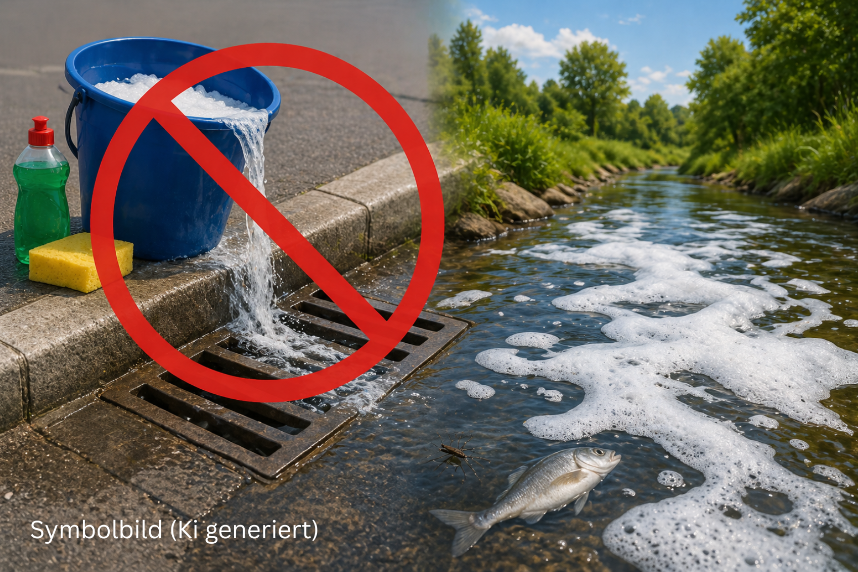 Putzeimer, Schwamm, Putzmittel, Gulli und schäumender Bach, Symbolbild Ki generiert