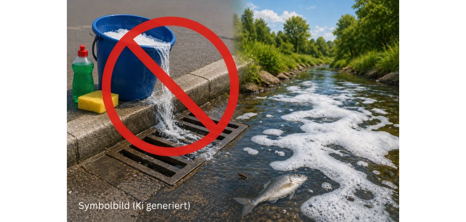 Putzeimer, Schwamm, Putzmittel, Gulli und schäumender Bach, Symbolbild Ki generiert