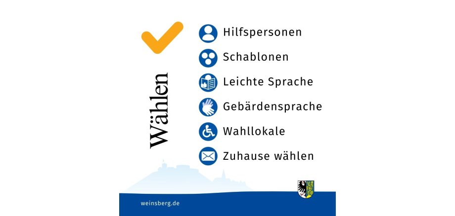 Wählen mit Behinderung - alle sechs Möglichkeiten werden mit Symbolen aufgezählt: Hilfspersonen, Schablonen, Leichte Sprache, Gebärdensprache, Wahllokale, Zuhause wählen