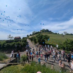 Da Bild zeigt viele Kinder und Erwachsende die blaue Luftballons mit Kärtchen in die Luft fliegen lassen
