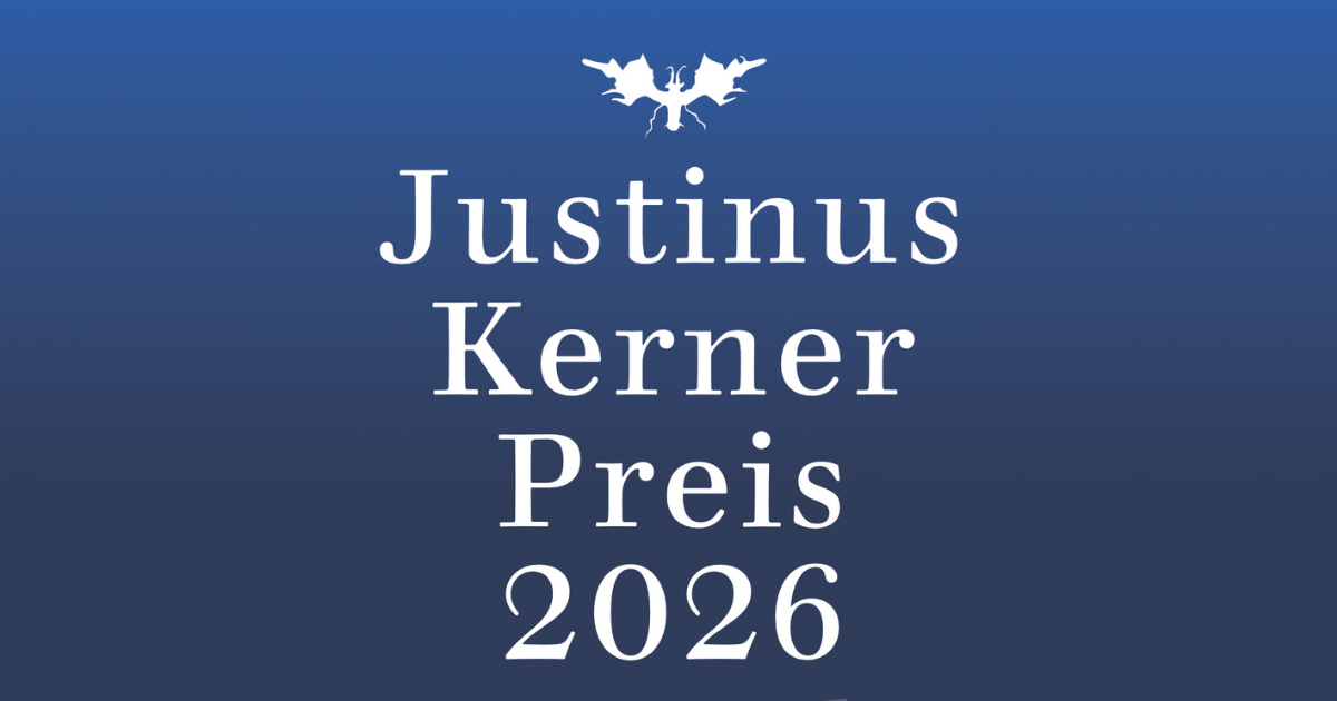 Text: Justinus Kerner Preis 2026 in weiß auf blauem Grund