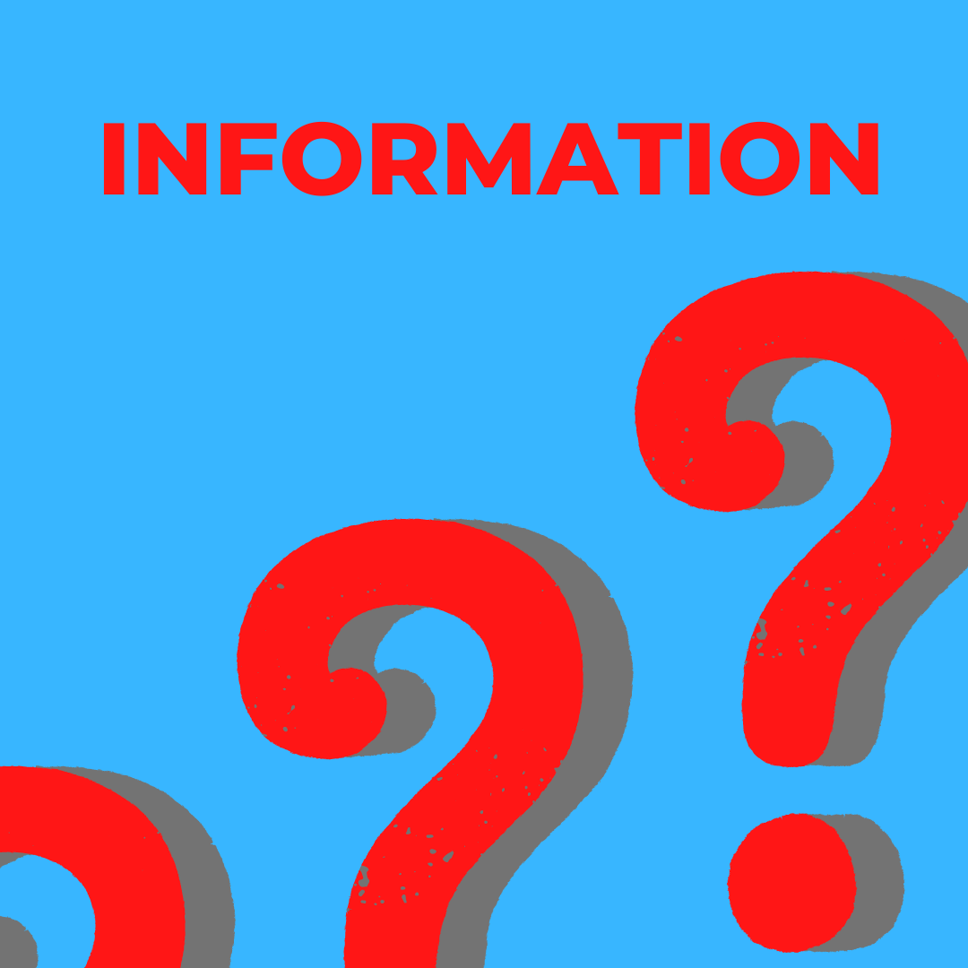 Schriftzug "Information" und Fragezeichen in rot auf blauem Grund