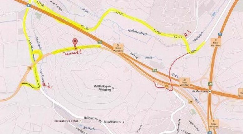 Straßenkarte Umleitung Schemelsbergtunnel