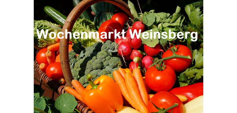 Gemüse im Korb mit Schriftzug in weiß "Wochenmarkt Weinsberg"