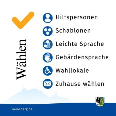 Wählen mit Behinderung Wählen mit Behinderung - alle sechs Möglichkeiten werden mit Symbolen aufgezählt: Hilfspersonen, Schablonen, Leichte Sprache, Gebärdensprache, Wahllokale, Zuhause wählen