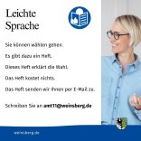 Wählen mit Behinderung 2026 - Wählen Leichte Sprache Sie können wählen gehen. Es gibt dazu ein Heft. Dieses Heft erklärt die Wahl. Das Heft kostet nichts. Das Heft senden wir Ihnen per E-Mail zu. Schreiben Sie an amt11@weinsberg.de.